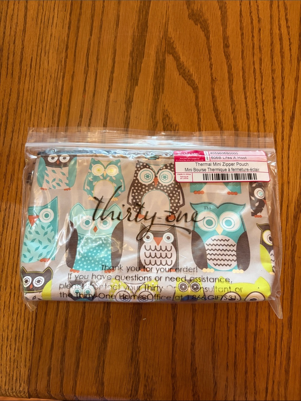 thirty-one Owl Pattern Mini Zipper Pouch in Teal, Gray & Cream
